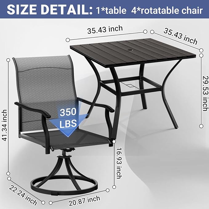 LEVELEVE 5 Piece Outdoor Patio Dining Set with 4 Swivel Dining Chairs & 1 Large Round Dining Table,Bistro Furniture Set for Lawn, Garden, Deck, Backyard and Porch