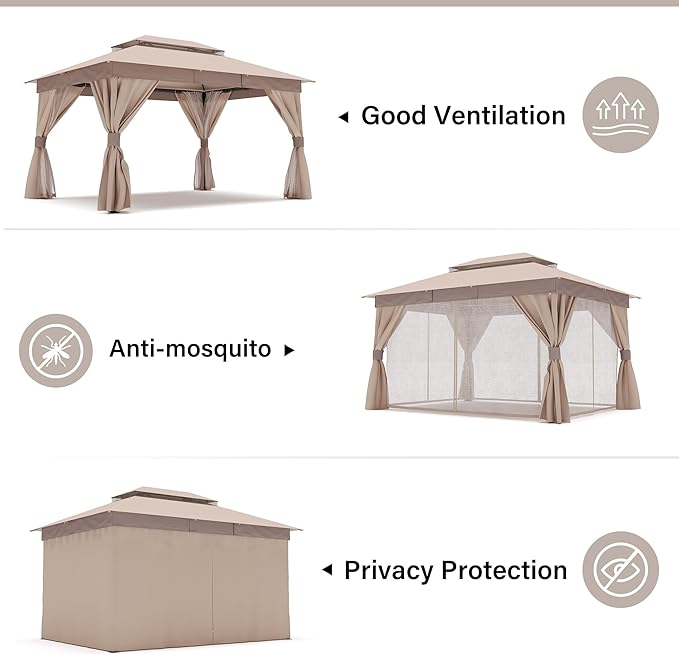 LAUSAINT HOME Semi-Permanent Outdoor Patio Gazebo 10'x13', Heavy Duty Party Tent Shelter with Double Roofs, Mosquito Nettings and Privacy Screens for Backyard, Garden, Lawn, Khaki