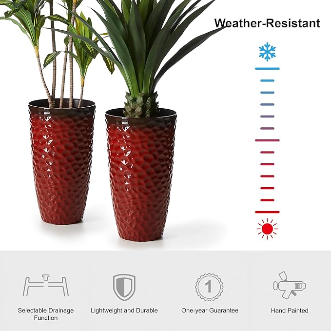 Glitzhome Large Planters for Outdoor Plant, 23.75" H Tall Outdoor Planter, Honeycomb Textured Gradient Red Plastic Planter, with Drainage Hole, Large Flower Pots for Porch Patio Deck Indoor, Set of 2