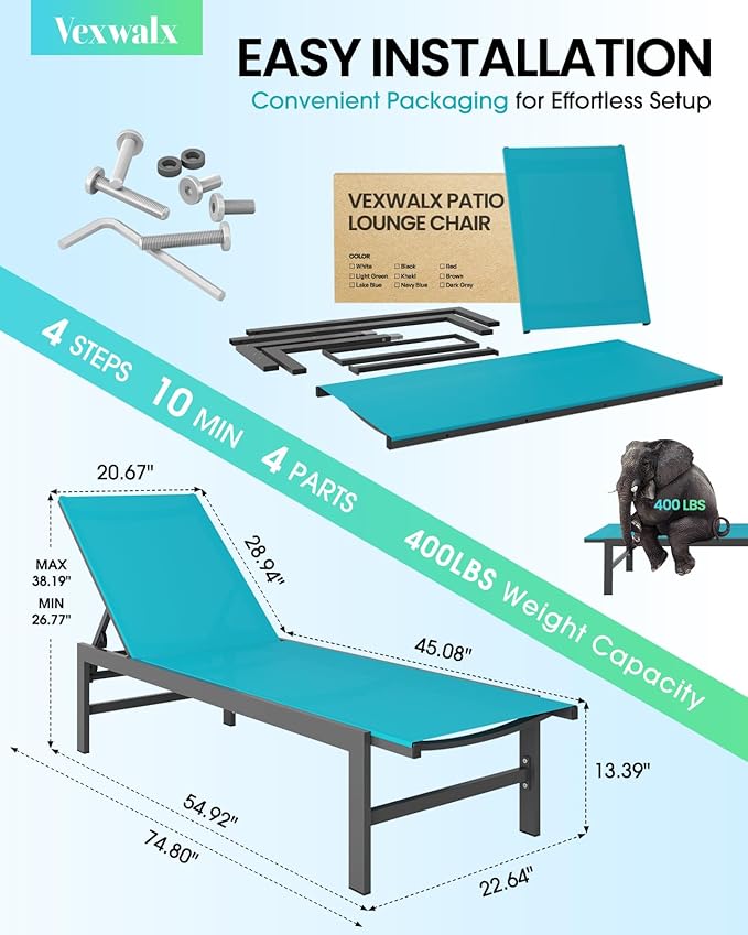 Outdoor Lounge Chair for Pool, Aluminum Chaise Lounge Chairs with 5-Position Recliner, Patio Lounge Chair for Backyard, Poolside, Deck, Lawn (Lakeblue)