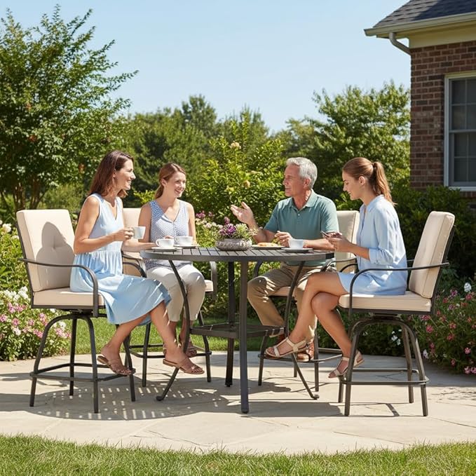 Patio Swivel Bar Stools Set of 4, Outdoor Bar Height Swivel Chairs with Cushions for Garden Balcony Backyard, Beige