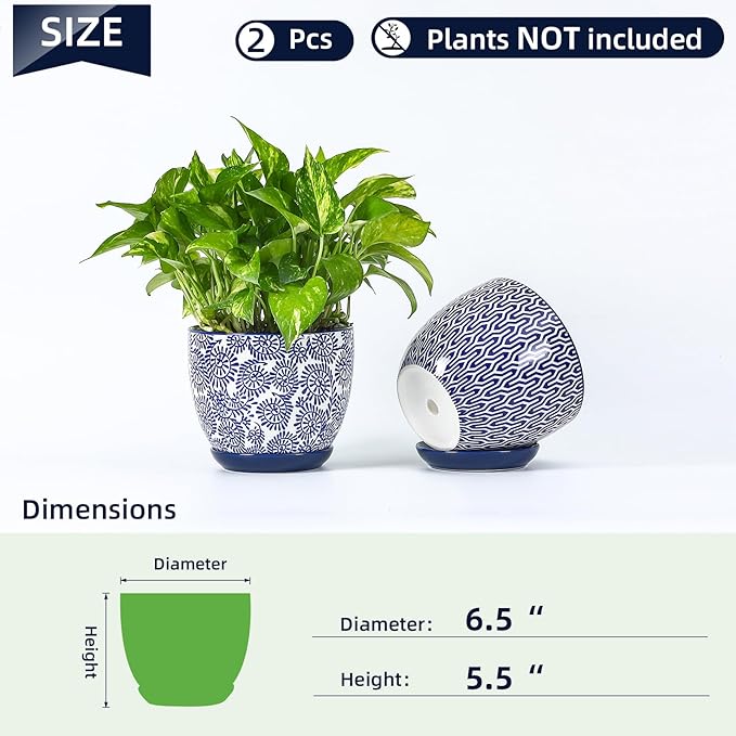 Selamica Ceramica Plant Pots, 6.5 Inch Flower Pots Set of 2 with Drainage Holes & Saucer, Planters for Indoor Plants, Home Decor, Vintage Blue