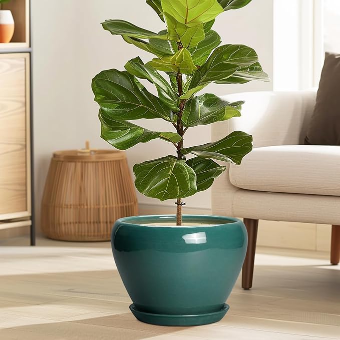 Ceramic Planter for Indoor Plants 10 Inch - Ceramic Plant Pot with Drainage Hole and Saucer, Glaze Round Modern Decorative Planter, Plant Lover Gifts, Home Room Office Decor, Green