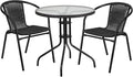 Flash Furniture Lila 28'' Round Glass Metal Table with Black Rattan Edging and 2 Black Rattan Stack Chairs