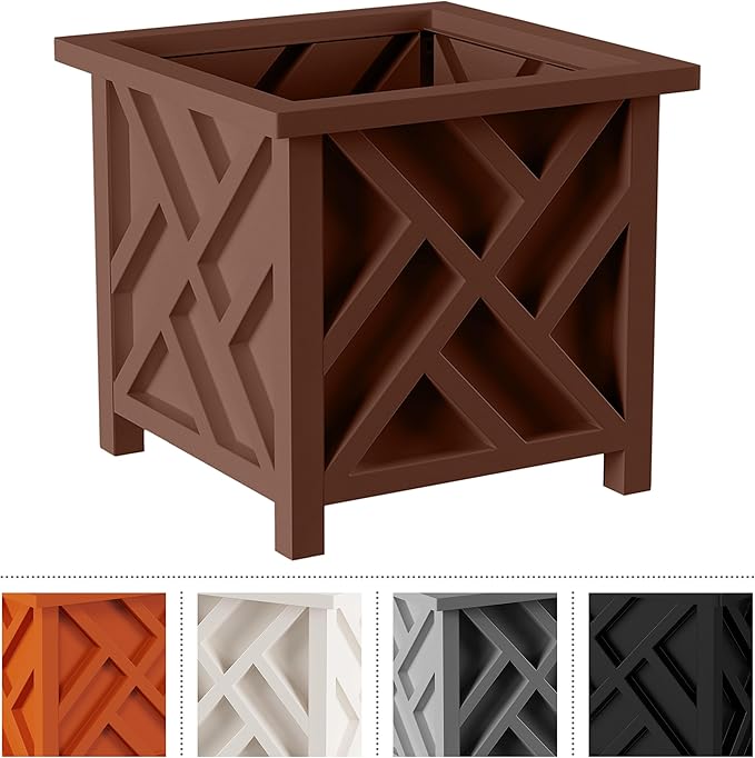 Lattice Design Outdoor Planter Box 2-Pack - 14.75” Square 13” Tall Brown Decorative Plant Pots for Front Porch Decor - Flower Pots Outdoor Planters for Porch Patio or Garden Decor by Pure Garden