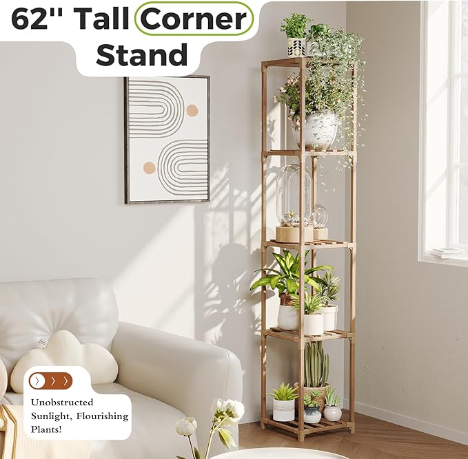 Bamworld Corner Plant Stand Indoor Tall Plant Shelf 5-tier Wood Plant Holder for Multiple Plants Flower Stands Plants Rack Living Room Garden Patio Lawn Window