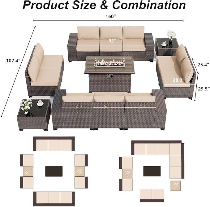 ALAULM 13 Pieces Patio Furniture Set with Propane Fire Pit Table Patio Sectional Sofa 43" Gas Fire Pit Brown PE Rattan Patio Conversation Set w/10 Seat Cushions-Sand
