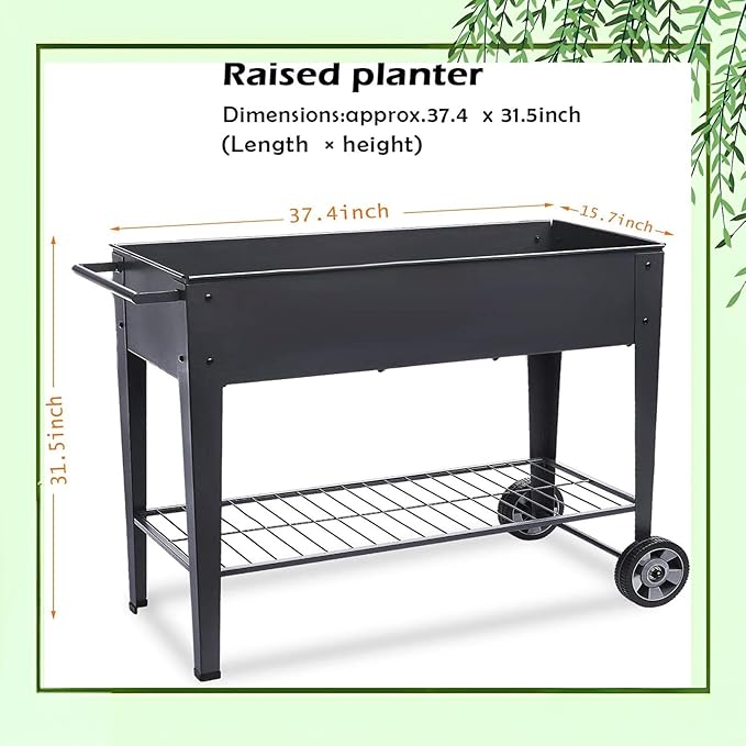 31.5" Tall Raised Garden Bed with Wheels, Extra 15.7" W Planter Box (400 lbs Loads) with Storage Shelf & Handle,Heavy Duty Metal Garden Planter for Vegetables, Herbs & Flowers, Patio & Balcony