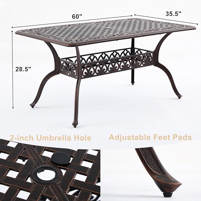 60" Cast Aluminum Outdoor Dining Table – Rectangular Red Copper Patio Table with 2" Umbrella Hole, Weather-Resistant for Garden, Backyard, and Lawn