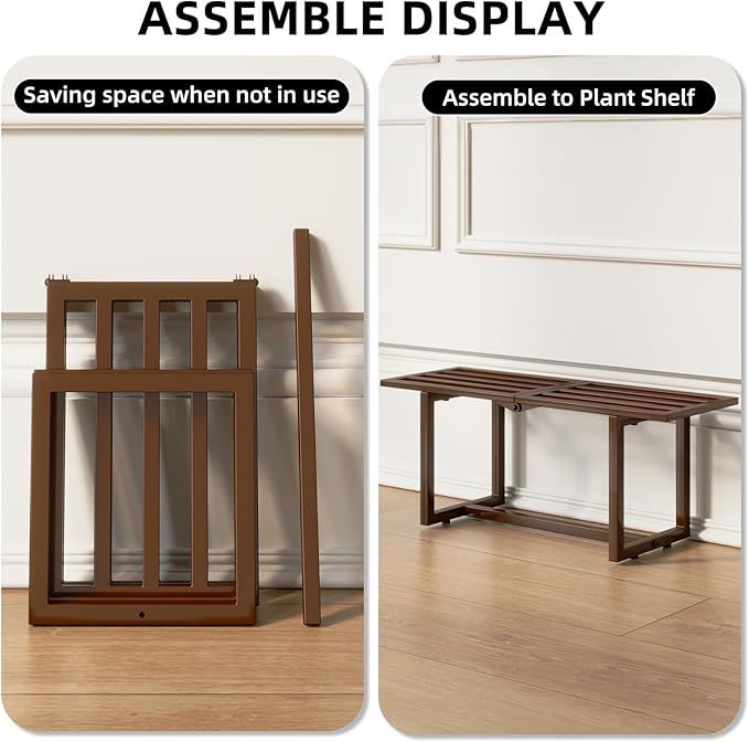 Modern Outdoor Plant Stand for Indoor Corner, Foldable Metal Plant Display Shelf for Multiple Pots,Mid Century Slatted Bench for Garden, Patio Load Bearing 330 lbs 26" L x 10.4" H x 8.6" W 2 Pack Coffee