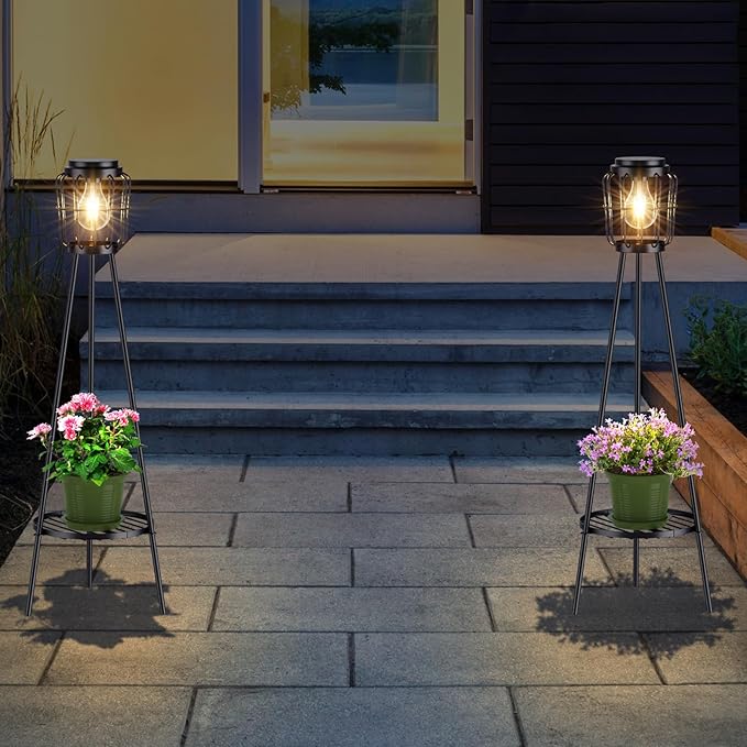 Solar Lights with Plant Stand, Outdoor Floor Lamp, Waterproof Solar LED Edison Bulb Light Flower Shelf for Patio Porch Deck Yard Garden Decor-1 Pack