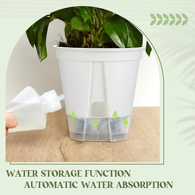 Self Watering Pots for Indoor Plants with Deep Reservoir and High Drainage Holes for Outdoor Plants and Flowers, Bare Root Planter(4.72'', 5.91'', 7.09'',White,9 Pcs)