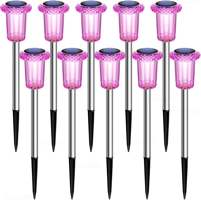 DenicMic Solar Lights Outdoor 10 Pack Waterproof Pink LED Stainless Steel Stake Outside Lights for Yard Pathway Garden Driveway Walkway Landscape Path Lighting Mothers Day Gifts for Mom