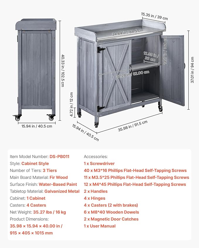 VEVOR Potting Bench Table, Outdoor Gardening Wooden Storage Cabinet with 36 x 16 in Galvanized Iron Tabletop, Garden Planting Workstation with Large Storage Space, 4 Casters for Patio, Backyard, Gray