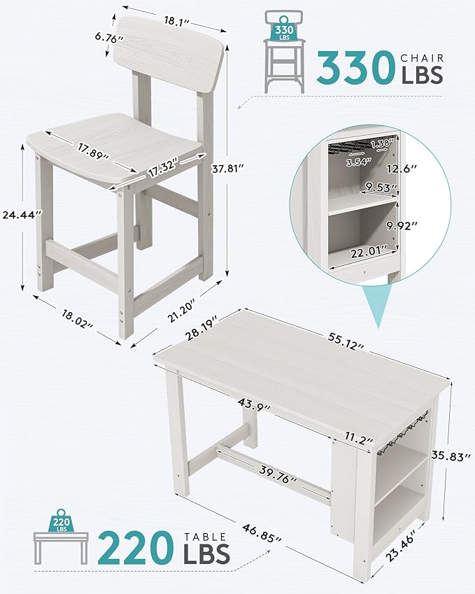 SERWALL 10-Piece HDPE Counter Height Dining Table Sets with Storage and Wine Rack, 2 Rectangular Bar Table with Bar Stools Set of 8 for Garden, Backyard, Kitchen, White