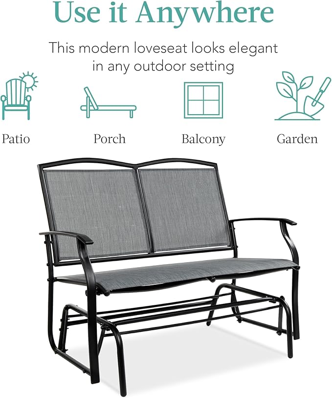 Best Choice Products 2-Person Outdoor Patio Swing Glider Steel Bench Loveseat Rocker for Deck, Porch w/Textilene Fabric, Steel Frame - Gray