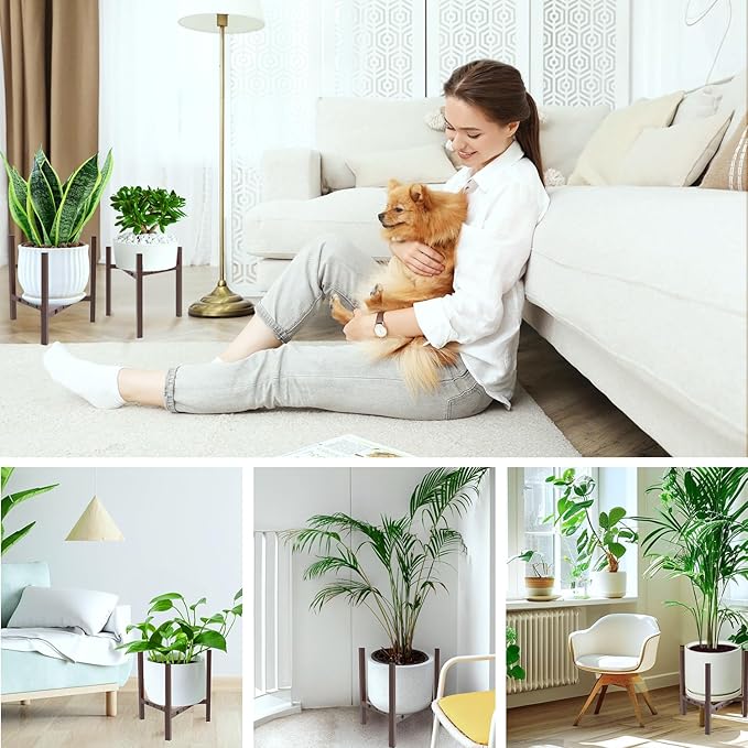 Aripark Plant Stand Indoor Adjustable, Metal Modern Plant Stands, Small Heavy Duty Stable Pot Flower Holder Indoor Outdoor Corner, Fit 8 9 10 11 12 inch Pots, Reddish Brown (Pot & Plant Not Included)