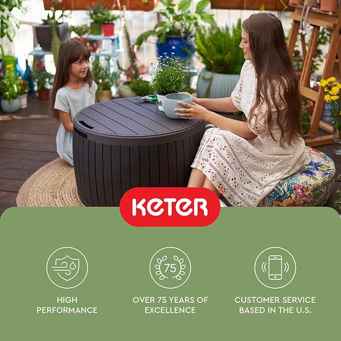 Keter Circa 37 Gallon Deck Box Organizer, Works as Ottoman Chair or Side Table, Brown – Large Resin Round Outdoor Storage and Seating for Garden, Pool, and Patio