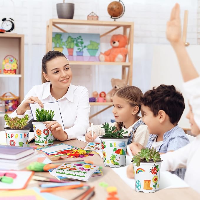 Capoda 24 Sets Garden Flower Pots Crafts Kit DIY Spring Plastic Seedling Nursery Pots with Stickers Plant Labels Growth Charts Planting Growing Tools Classroom Activities Project Gifts (Round)