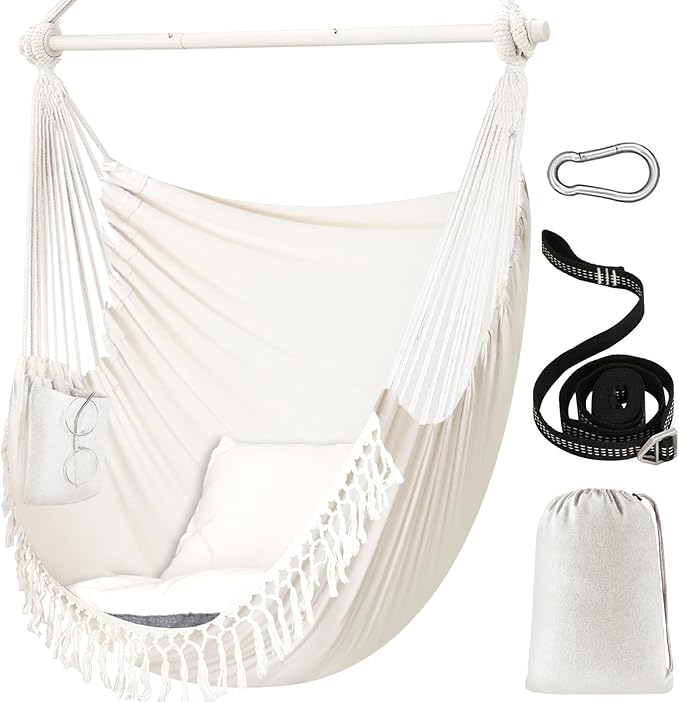 Chihee Hammock Chair 4.9ft x 3.9ft Max 500 Lbs Widen Hanging Swing 2 Cushions Included Metal Spreader Bar with Anti-Slip Grooves Portable Comfy Hanging Chair Side Pocket Bohemian Chair Indoor Outdoor