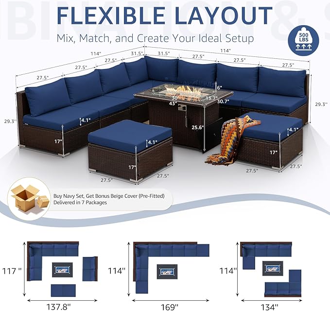 NICESOUL 10 Piece Outdoor Couch Set with Fire Pit Natural Gas/Propane, 29.3'' High Backrest Comfy Sectional Patio Furniture, Large Wide Seating Sofa for Outside, Brown Rattan and Navy Blue Cushion