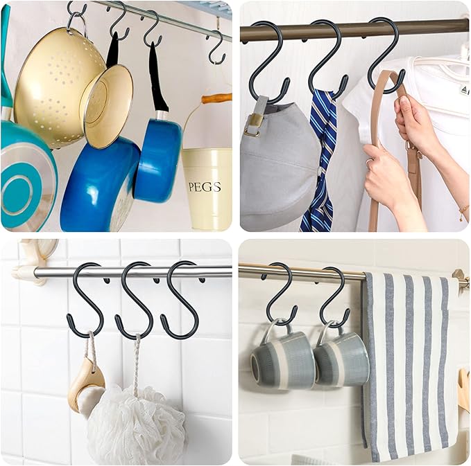 20 Pack Rubber Coated S Hooks for Hanging Plants,Heavy Duty S Hook,Non Slip 3 Inch Closet S Hooks,Steel Metal Black Vinyl Coated Small Hanging Hook for Jeans Pots and Pans Coffee Cups