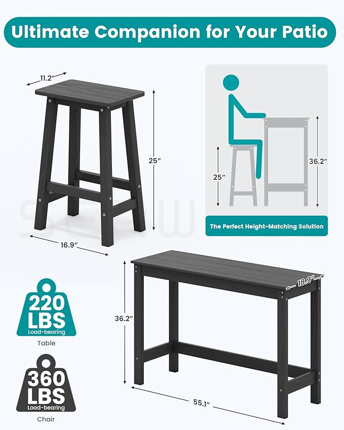 SERWALL 3-Piece Outdoor Bar Set, Rectangular All Weather HDPE Bar Height Patio Set, Outdoor High Top Table and Stools for for Outside, Poolside, Backyard, Garden, Black