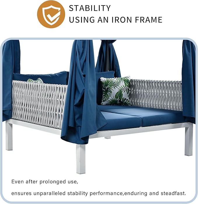 Merax Outdoor Patio Sunbed with Curtains and Soft Thick Cushions, Double Chaise Lounge Daybed with Rubber Core Rope Backrest and Comfy Pillows for Outside Pool, Garden, Backyard, Lawn, Blue