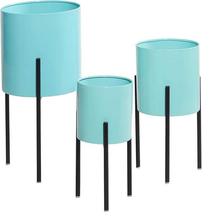 Deco 79 Metal Indoor Outdoor Planter Minimalistic Large Planter Pot with Black Removable Stand, Set of 3 Planters 12", 14", 18"H, Teal