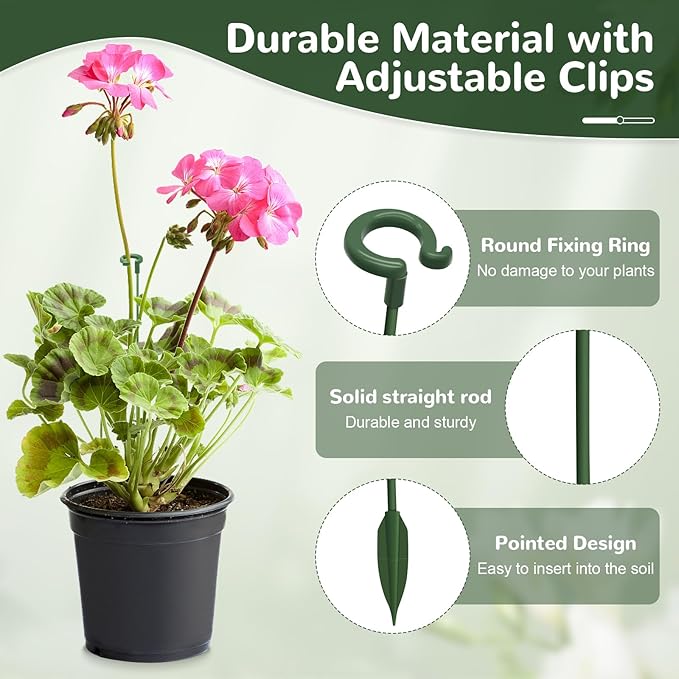 15-Pack Adjustable Plant Support Stakes with Movable Clips, 3-Size(6.7/10.6/14.6in) Green Garden Stakes for Potted Plants Indoor Outdoor, Orchid Tomato Rose Single Stem Support, Sturdy & Reusable