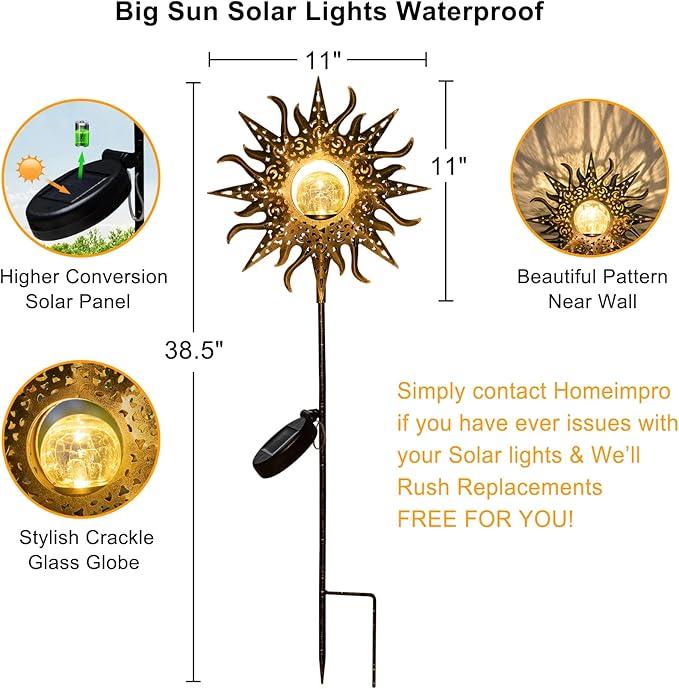 HOMEIMPRO Large Sun Solar Garden Decor Lights Outdoor Garden Gifts Mom Dad, Crackle Glass Metal Stake Backyard Decor, Waterproof LED Lights for Lawn Patio Ornaments, Mothers Day Gifts for Women