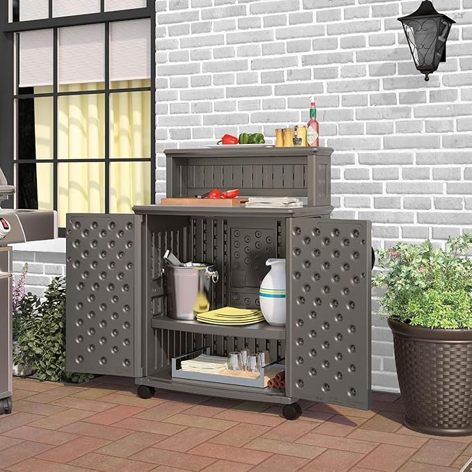 Suncast Patio Plastic Storage and Prep Station with Decorative Wicker Pattern and Multi Wall Panels for Patio, Garden, and Lawn Use, Stoney Gray