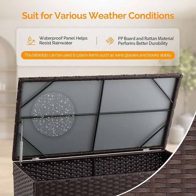VINGLI Outdoor Coffee Table with Storage, All-Weather Dark Brown Wicker Patio Table for Garden, Balcony, Backyard