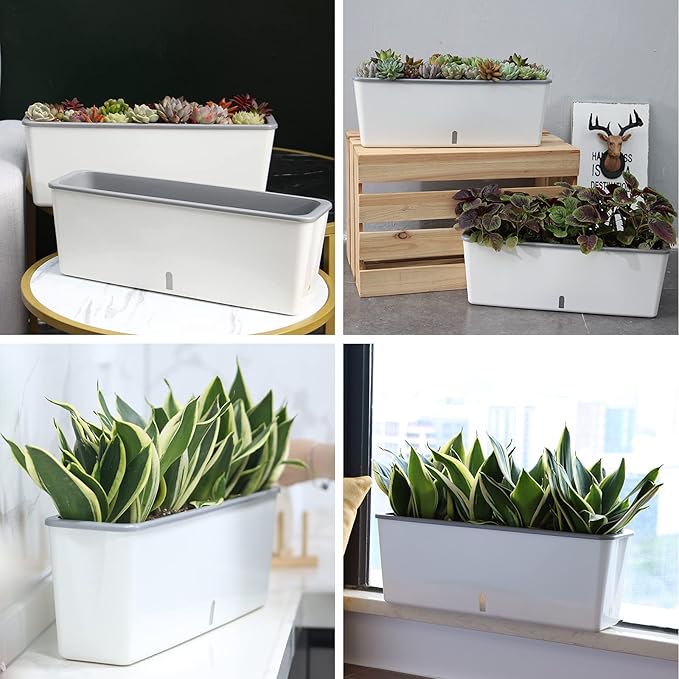 2 Pack Rectangular Planter 17 x 4.5 in Self Watering Planter Window Sill Planters Indoor Rectangle Planter Self Watering Pots Plastic Plant pots with Drainage Holes White Flower Pot Indoor
