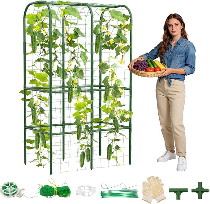 65" Tall Cucumber Trellis for Raised Bed, Garden Trellis for Climbing Plants Outdoor, U-Shape Metal Arch Vegetables Trellis Plant Support for Zucchini Squash Vines