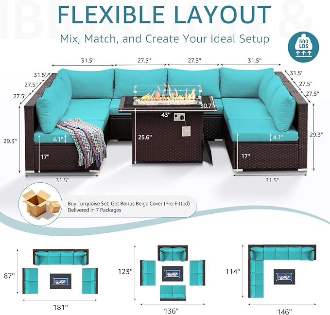 NICESOUL 9 Piece Patio Sectional Set with Firepit Natural Gas/Propane, 29.3'' High Back Tall Big Outdoor Conversation Couch Sets, Wide Sitting Furniture for Outside, Brown Rattan and Teal Cushion