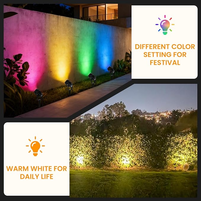 RGBW Multicolor Spotlight Outdoor: 16 Color Changing Landscape Lighting with Remotes 120V Plug in Waterproof Holiday LED Spot Light for Yard Garden Tree Bush Path Lawn Décor, 2 Pack (RGB + Warm Light)