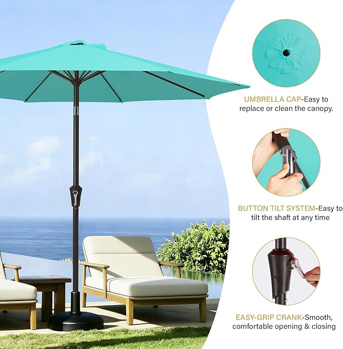 MEWAY 9ft Patio Umbrella Outdoor Table Umbrellas with Push Button Tilt and Crank, Market Umbrella 8 Sturdy Ribs for Deck, Garden, Pool and Backyard, Turquoise