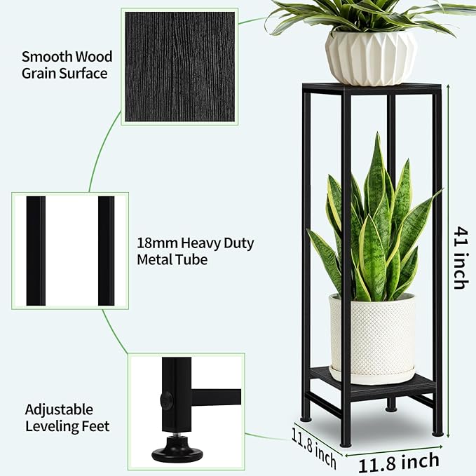 Plant Stand Indoor, 41'' Tall Plant stands for Indoor Outdoor Plants, 2 Tier Heavy Duty Metal Pedestal Stand Modern Display Rack for Living Room, Black