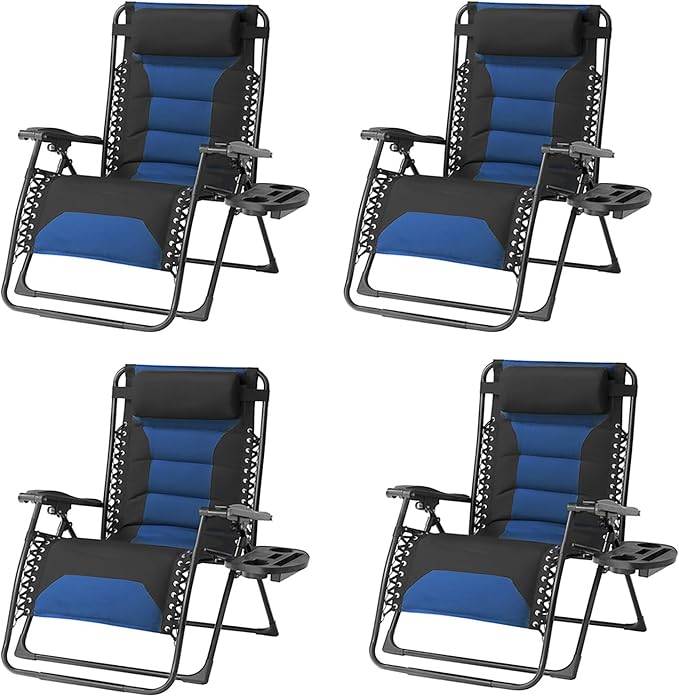 Zero Gravity Chair Set of 4 Oversized Folding Recliner, Padded Anti Gravity Lounge Chair with Adjustable Pillow & Cup Holder for Outdoor Camping, Patio, Poolside, Lawn (Black & Blue)