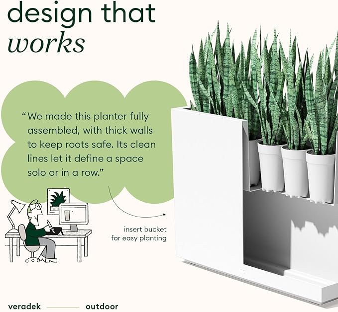Veradek Span Plastic Box Series Planter - Tall Rectangular, White, All-Weather Resistant, Removable Insert Bucket, Modern Design, Indoor/Outdoor Use