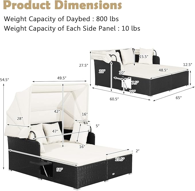 Tangkula Patio Rattan Daybed with Retractable Canopy, Outdoor Wicker Sunbed Lounger with 2 Foldable Side Tables, Thick Seat & Back Cushions, Double Daybed for Garden, Backyard, Porch (Off White)