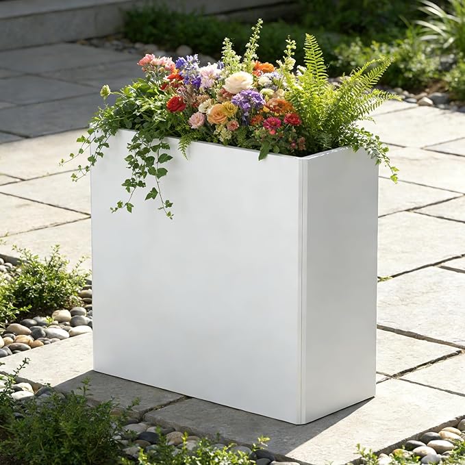 Tall Planters -24X12X24 inch Galvanized Steel Planter Box with Removable Insert Shelf for Garden, Patio(White)