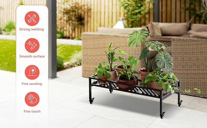 Zhongma Sturdy Metal Plant Stand with Wheels, 32.7x16x11.6 Inch High, Heavy Duty Succulent Shelf for Home Indoor and Outdoor, 220 LBS Capacity & Heavy Duty Construction