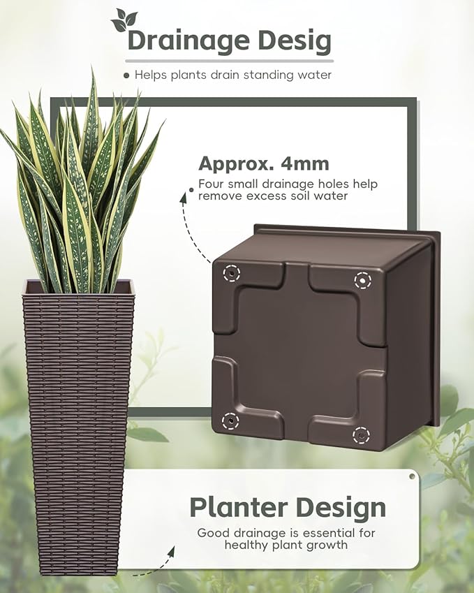 Greesum 24 Inch Tall Plastic Planters (Set of 2), Detachable Inner Pot & Drainage Holes, Outdoor Decorative Flower Pots for Large Plants, Trees, Patio, and Garden, Brown