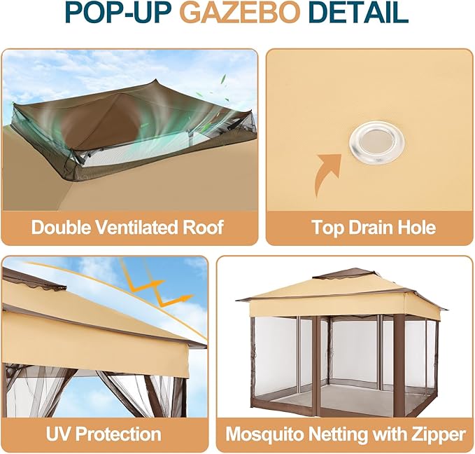 COBIZI 10x10 Pop Up Gazebos on Clearance 11x11 Canopy Tent Easy Up Outdoor Gazebo Waterproof Portable Gazebo with Mosquito Nettings, Double Vented Roof and Carry Bag for Patio Garden Lawn(Coffee)