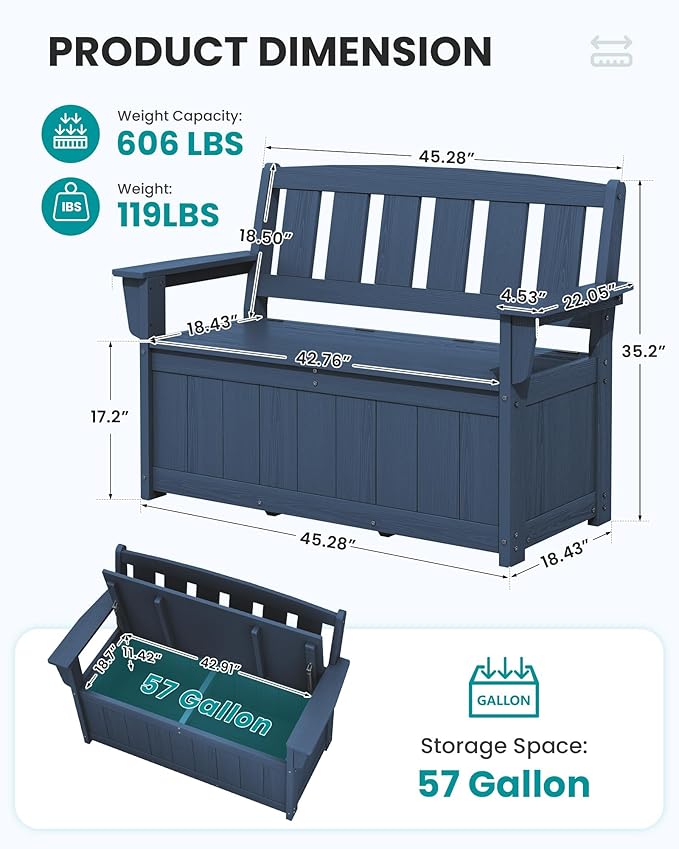 SERWALL HDPE Outdoor Storage Bench, All-Weather, UV-Resistant Deck Box with Waterproof Storage Bags, 57 Gallon Dual-Use Seat & Organizer Deck Boxes for Patio, Garden Tools & Pool (Navy Blue)
