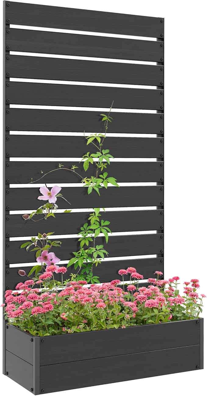 Outsunny Raised Garden Bed with Trellis for Climbing Plants, Planter Box with Self Draining Gap, Freestanding Trellis Planter for Outdoor, Patio, Deck, 35.75" x 15" x 70.75", Black