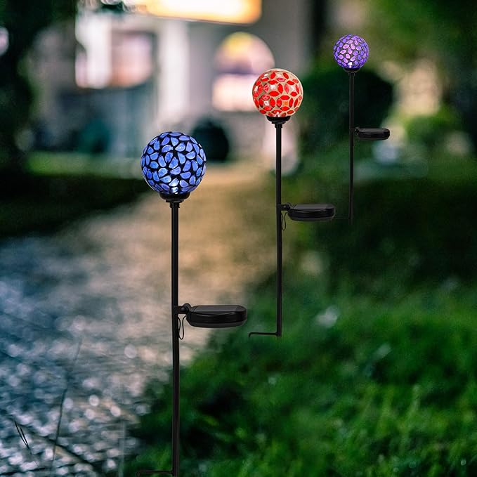 Afirst Solar Lights Outdoor Decorative Solar Mosaic Garden Stakes Decorative Lights Waterproof for Pathway Yard Lawn Decoration 3 Pack