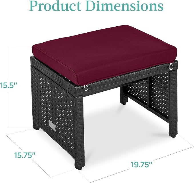 Best Choice Products Set of 2 Wicker Ottomans, Multipurpose Outdoor Furniture for Patio, Backyard, Additional Seating, Footrest, Side Table w/Removable Cushions, Steel Frame - Deep Burgundy/Black